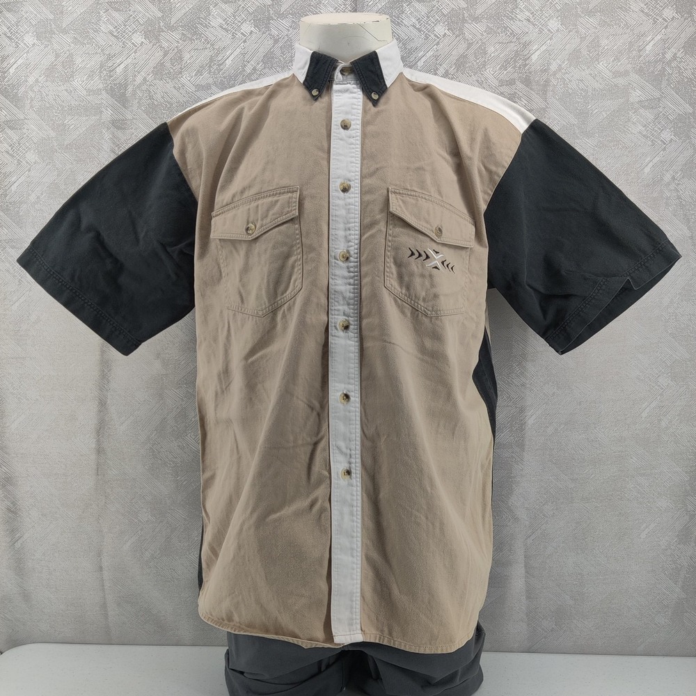 Wrangler Western Shirt Mens Large Tan Black Colorblock Short Sleeve Cowboy VTG